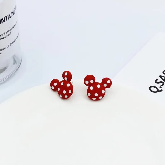 Cute Red & White Polka Dot Disney Mickey Mouse Head Ears Stud Earrings NEW - Picture 5 of 5